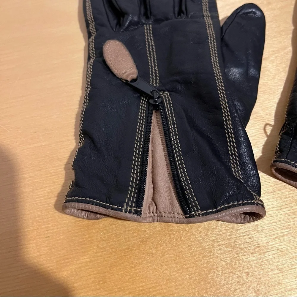 Vintage Fratelli Forino Gloves Size Women 7.5 Black Brown Cashmere Lined Leather